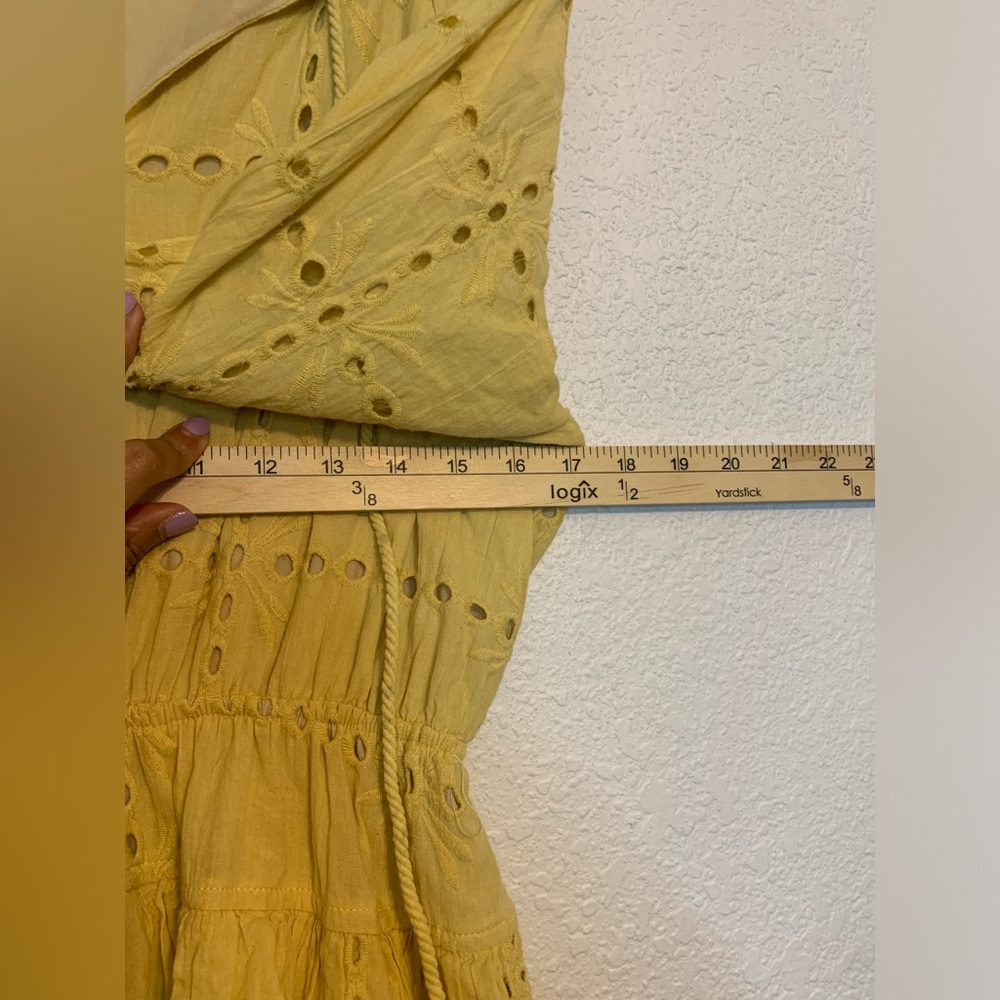 Listicle Yellow Eyelet Ruffle Mini Dress Boho Peasant 3/4 Sleeve Medium M - Picture 7 of 10